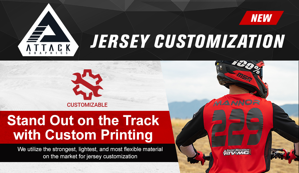 Attack Graphics, New, Jersey Customization, Customizable, Stand Out on the Track with Custom Printing, We utilize the strongest, lightest, and most flexible material on the market for jersey customization, a man sitting on a dirt bike showing his name and number on the back of the jersey